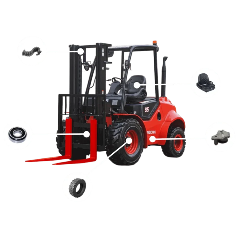 un chariot elevateur tout terrain hangcha rouge avec des bulles qui contiennent des pieces detachees